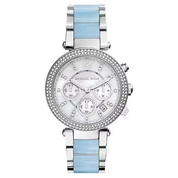 Michael Kors Parker Silver Mother of Pearl Women`s Watch MK6138 - Dial: Silver, Band: Silver, Blue, Bezel: Silver