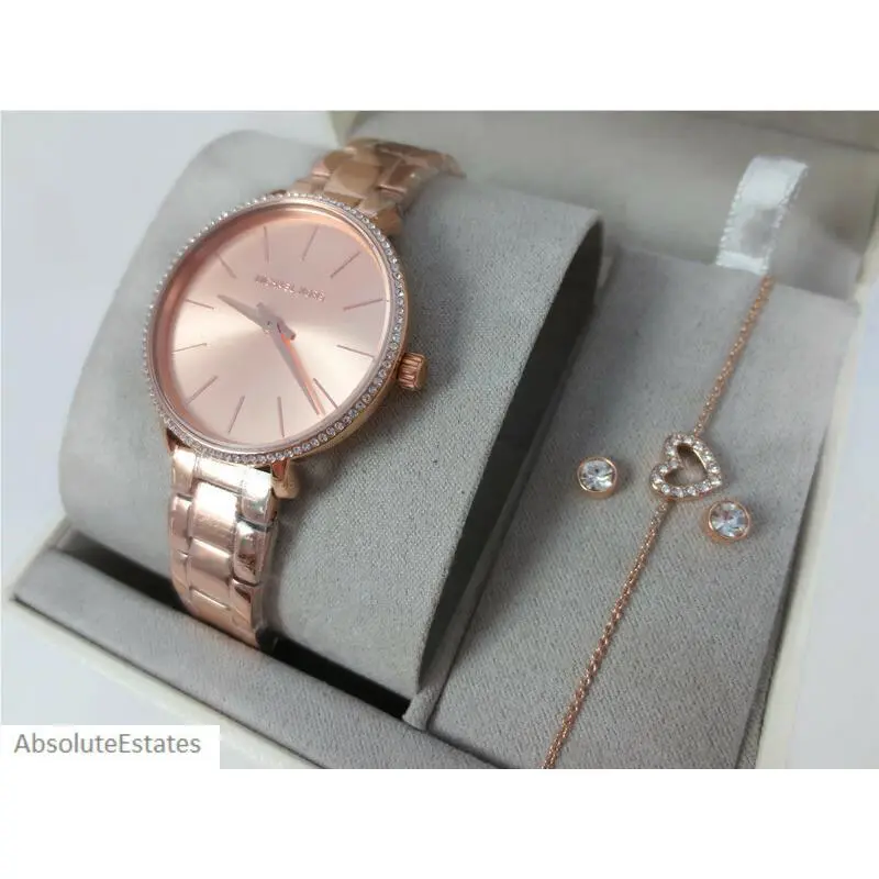 Pyper Rose Gold Watch Heart Bracelet Earring Set MK1040 by Michael Kors