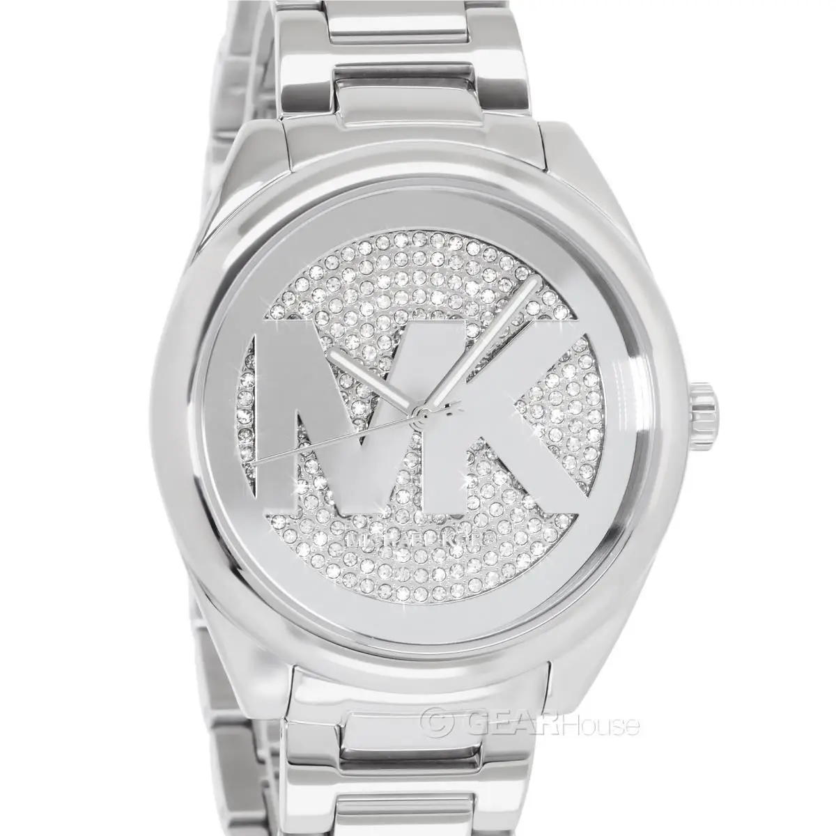 Michael Kors Janelle Womens Watch Pave Crystals MK Logo Silver Stainless Steel