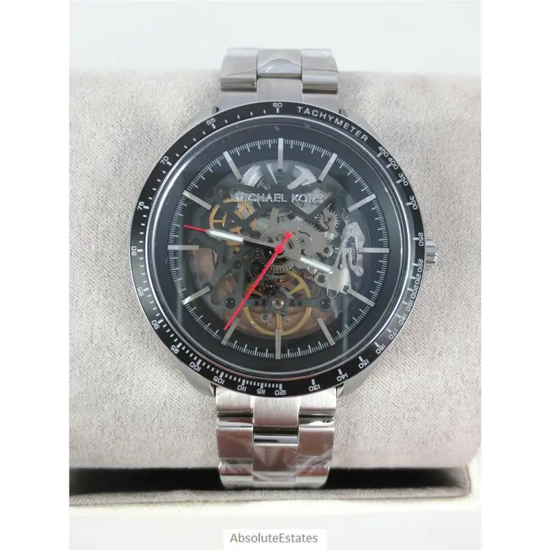 Michael Kors Merrick Silver Black Mens Automatic Skeleton Watch MK9037