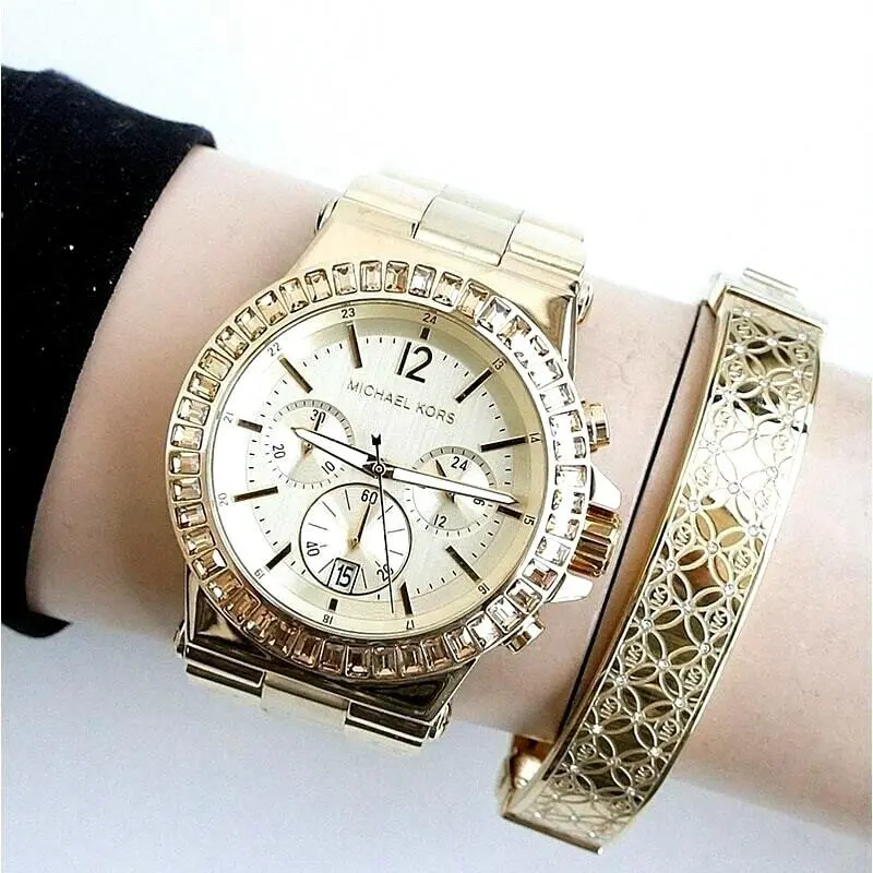 Michael Kors Dylan S/s Glitz Baguette Crystals Gold Chronograph WATCH-MK5861-NEW