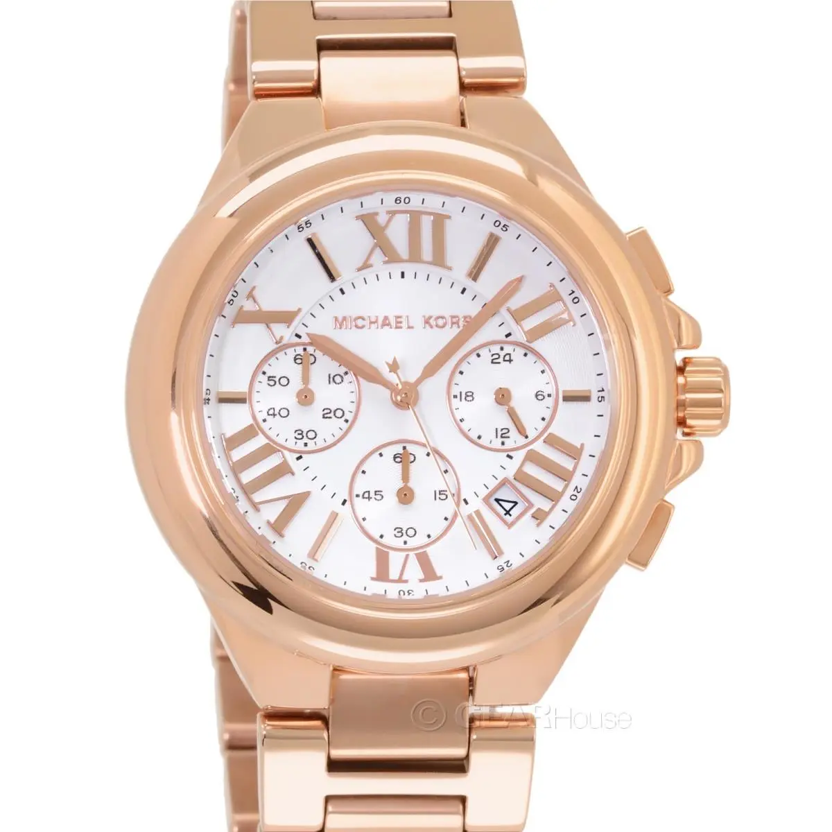Michael Kors Camille Womens Chronograph Watch White Dial Date Rose Gold Band