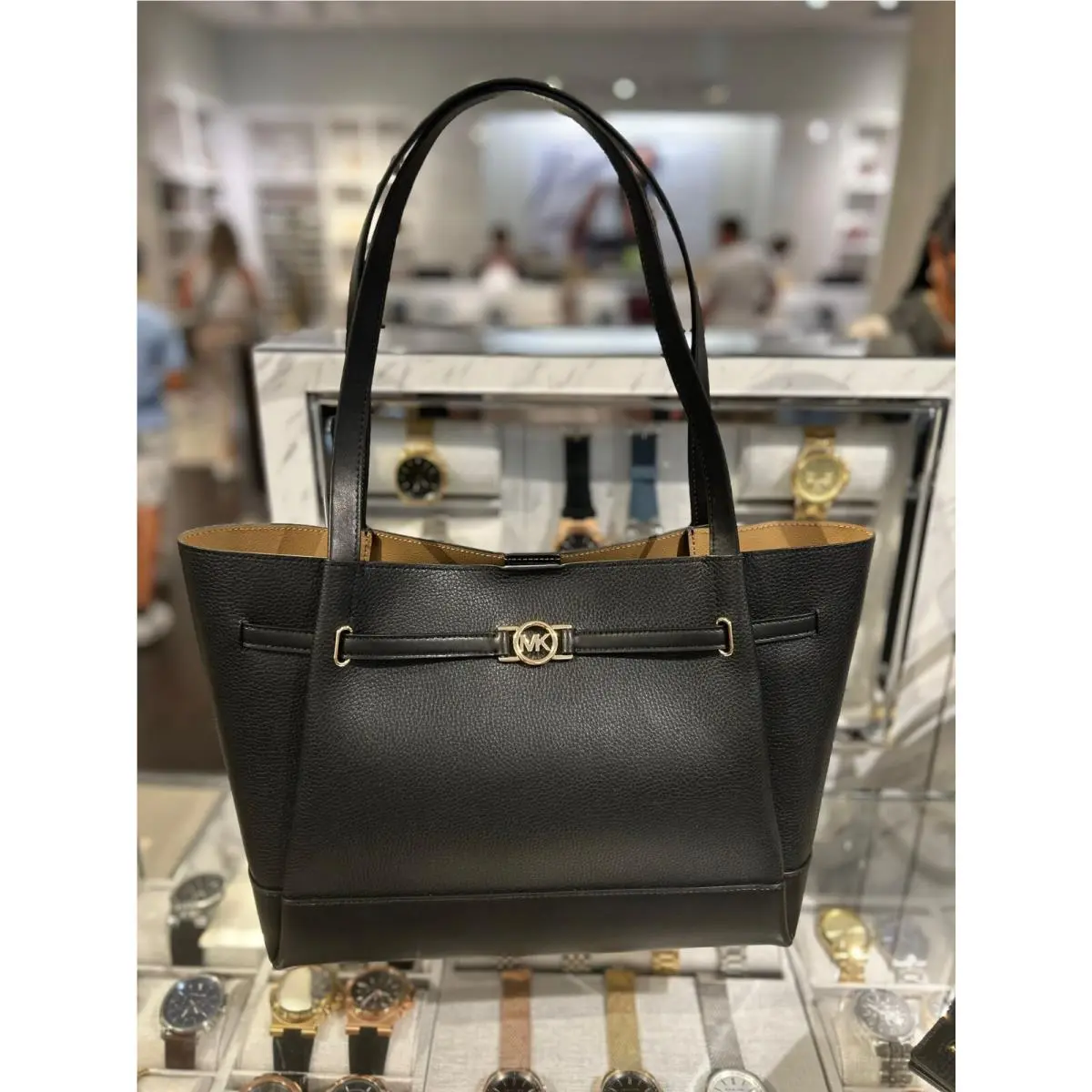 Reed Large Leather Belted Signature Logo Fashion Tote Bag Black by Michael Kors
