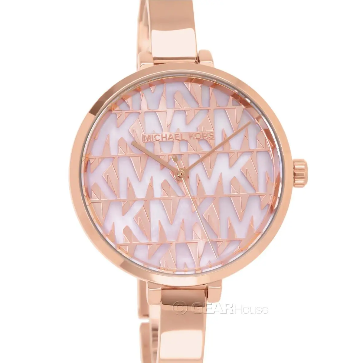 Michael Kors Naia Womens Pink Mop Watch MK Logo Dial Rose Gold Bangle Band