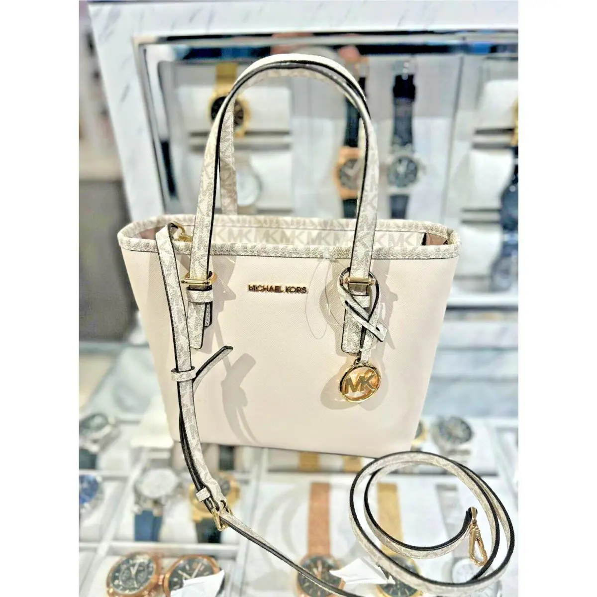Michael Kors XS Carryall Top Zip Tote Shoulder Crossbody Bag Light Cream Multi