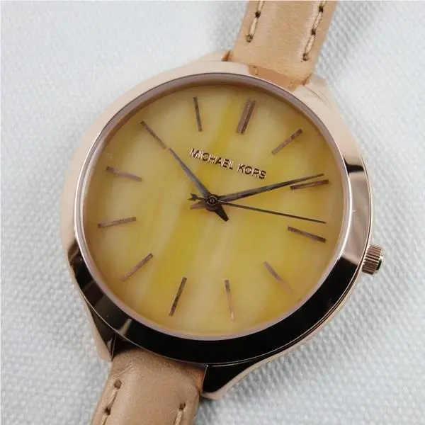Michael Kors Rose Gold Tone Beige Tan Double Wrap Leather Horn Dial Watch MK2347