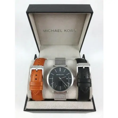 Michael Kors Blake Silver Watch Men`s Gift Set Black Brown Bands MK8736