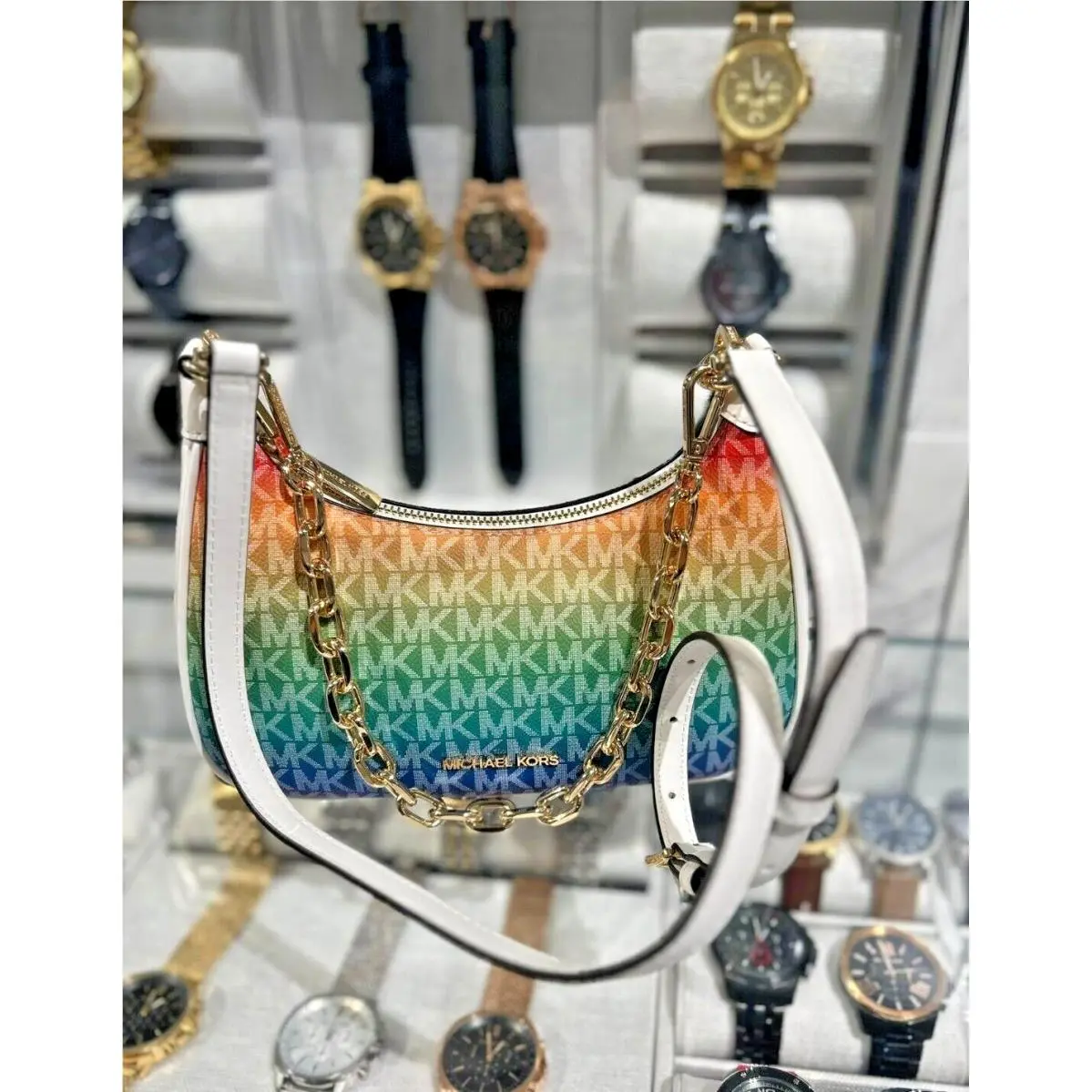Michael Kors Cora Medium Zip Pouchette Chain Crossbody Shoulder Bag - Rainbow
