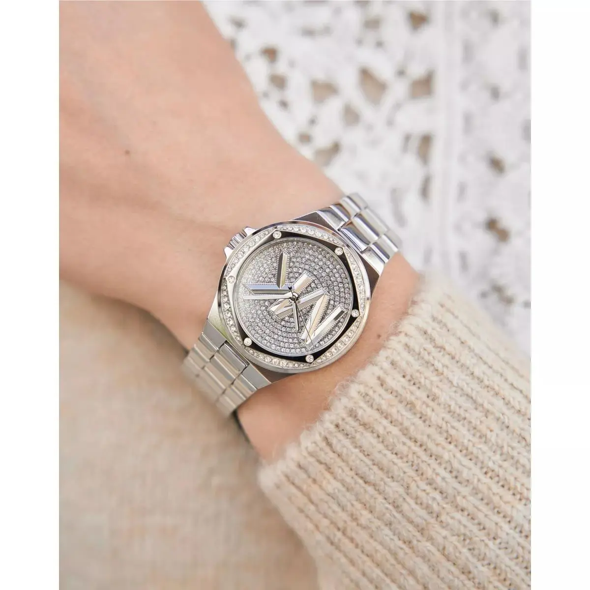 Lennox Womens Glitz Watch Pave Crystals Logo Dial Stainless Steel by Michael Kors