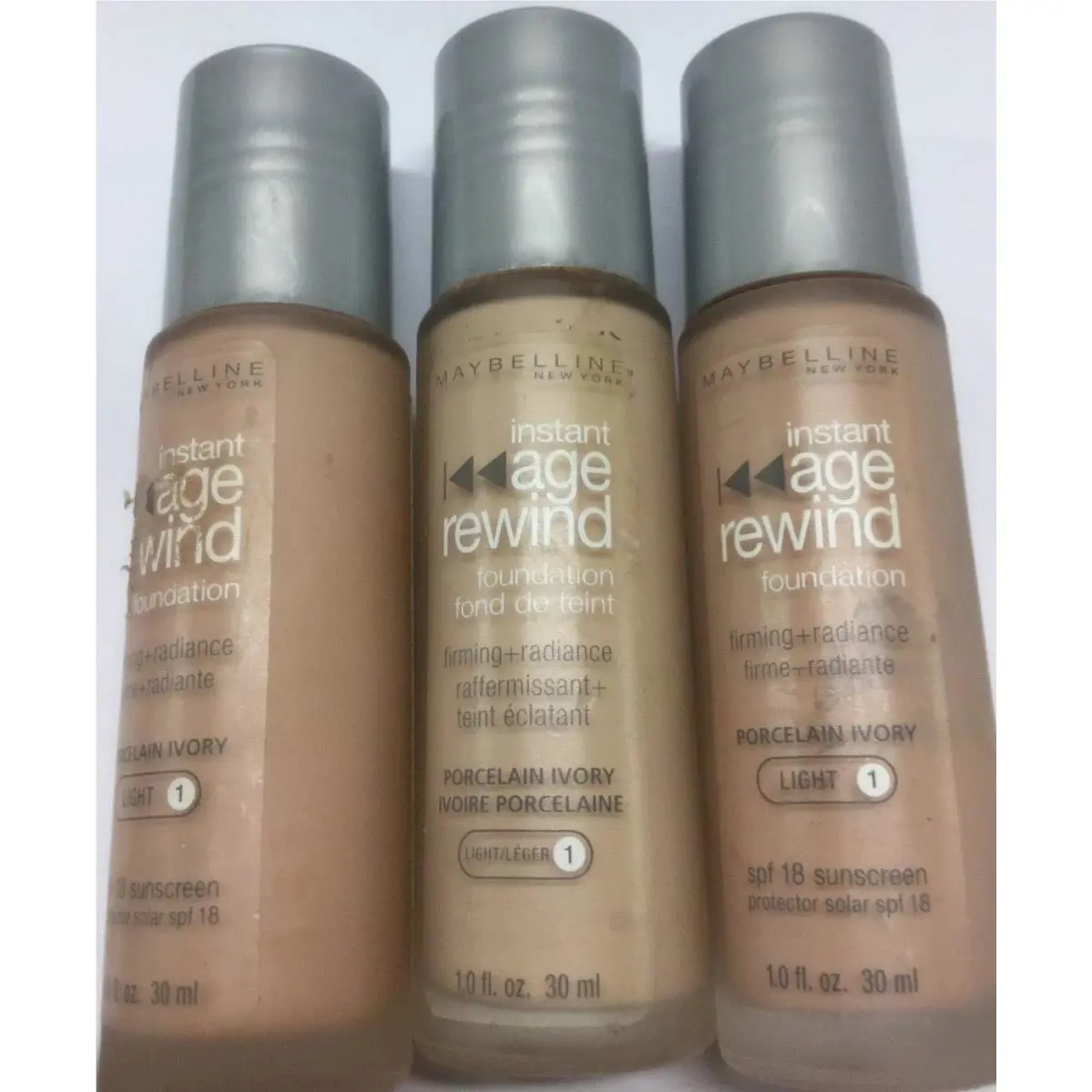 3 X Maybelline Instant Age Rewind Foundation Porcelain Ivory Silver Color Cap