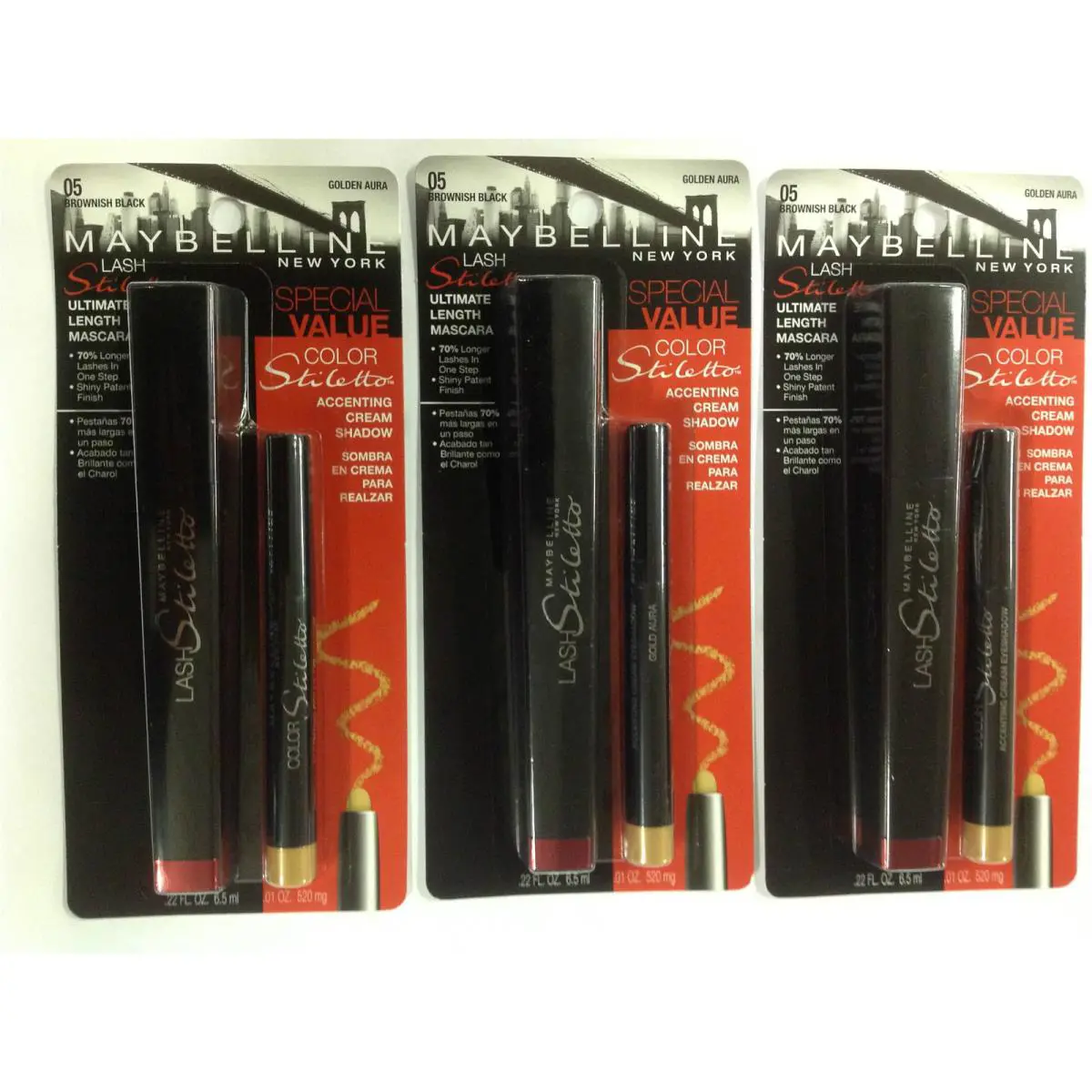 3X Maybelline Lash Stiletto Mascara Cream Shadow Brownish Black/golden Aura 05