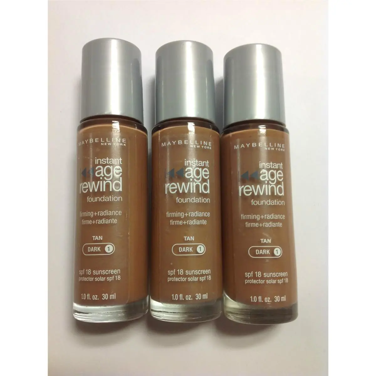 Lot OF 3 Maybelline Instant Age Rewind Foundation Tan Dark-1 Silver Cap