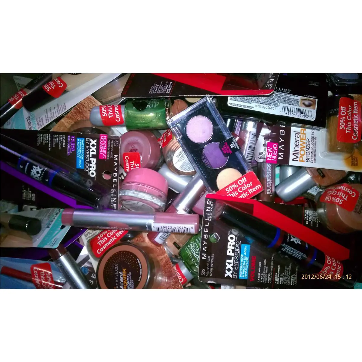 25 Pcs OF Maybelline Cosmetics Mixed Lipsticks Shadow Mascara Liner and More