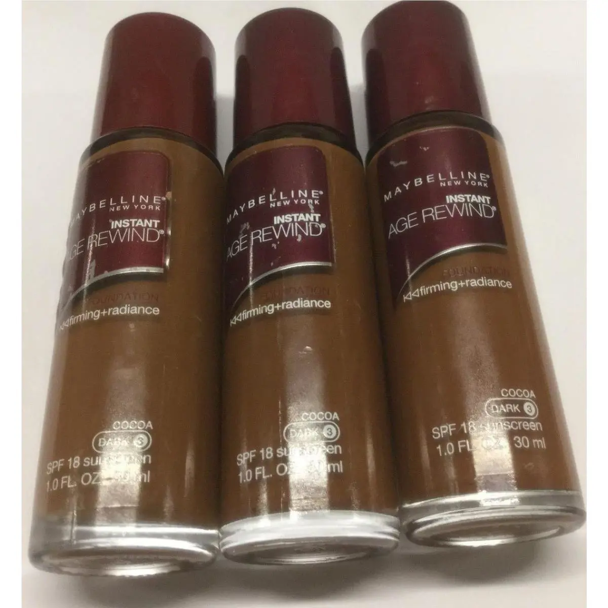 3 X Maybelline Instant Age Rewind Foundation SPF18 Cocoa Dark-3 New