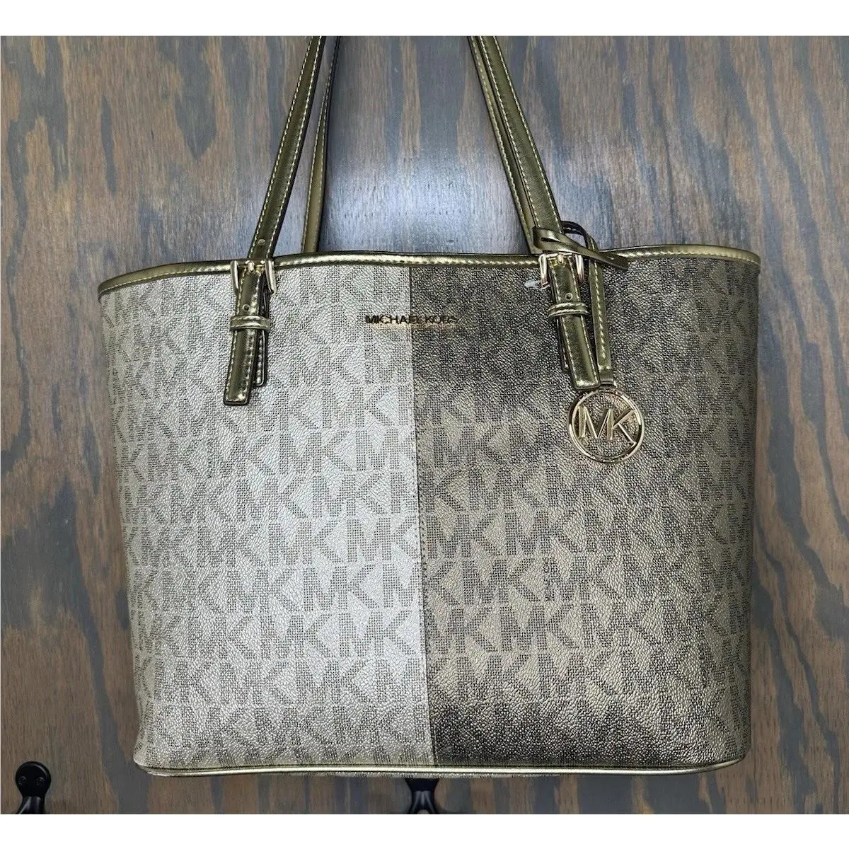 MK Michael Kors Jet Set Carryall Tote Gold Colorblock Two-tone Logo