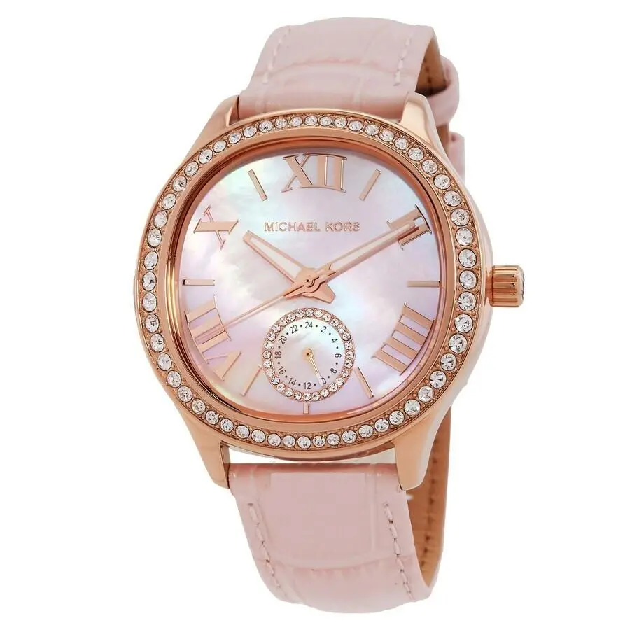 Michael Kors Sage Pink Leather Mop Dial Rose Gold Crystals Watch MK4820 - Dial: Yellow Gold, Band: Pink, Bezel: Rose Gold