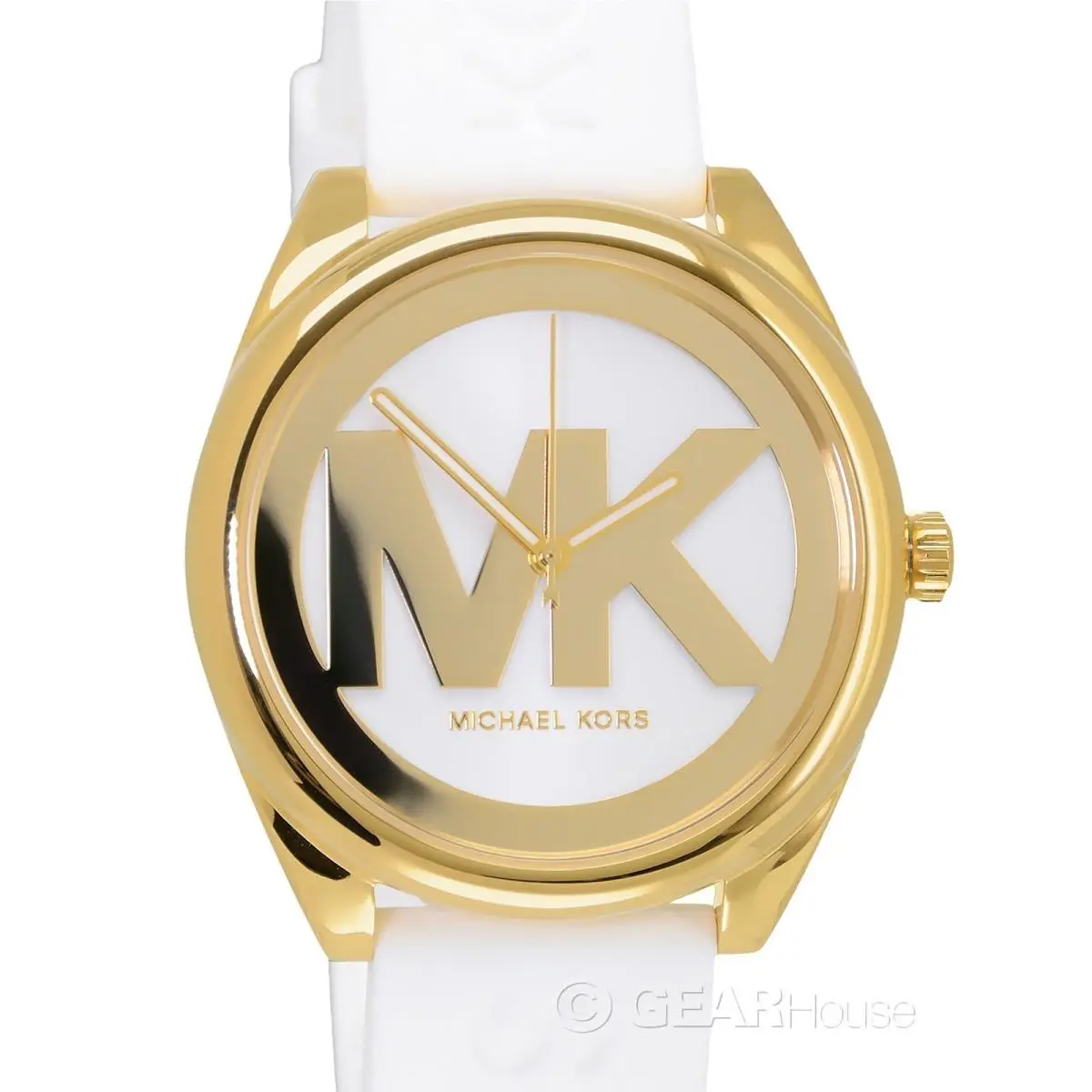 Michael Kors Womens Janelle Casual Watch Gold MK Logo Dial White Silicone Band