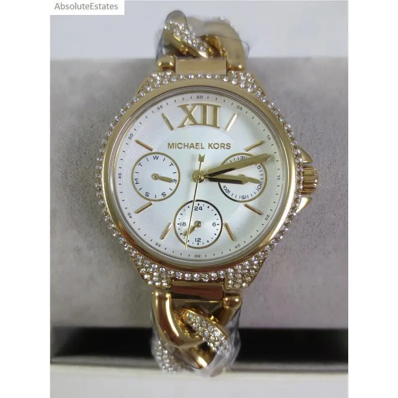Michael Kors Camille Pave Glitz Gold Crystal Chain Watch MK6842 + Box Nwot