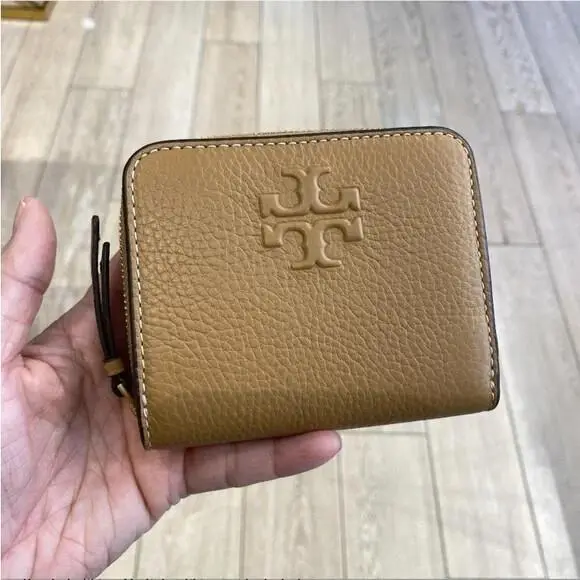 Thea Bi-fold Pebble and Snake Leather Wallet Brown by Tory Burch