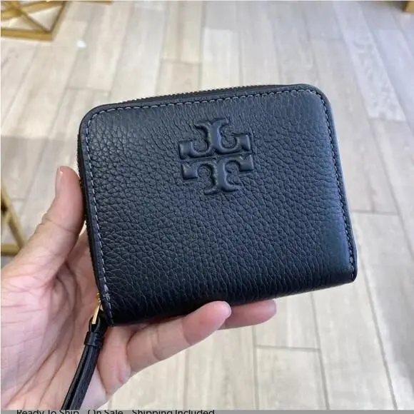 Thea Bi-fold Pebble and Snake Leather Wallet Black by Tory Burch