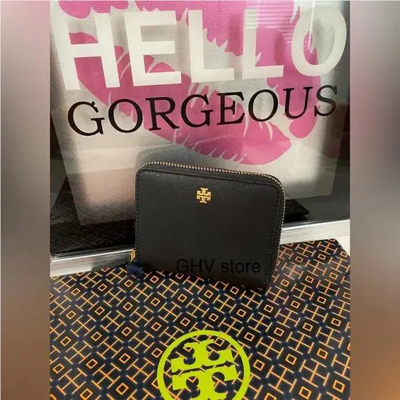 Emerson Saffiano Leather Medium Zip Wallet Black by Tory Burch