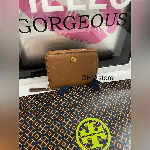 Emerson Saffiano Leather Medium Zip Wallet Moose by Tory Burch
