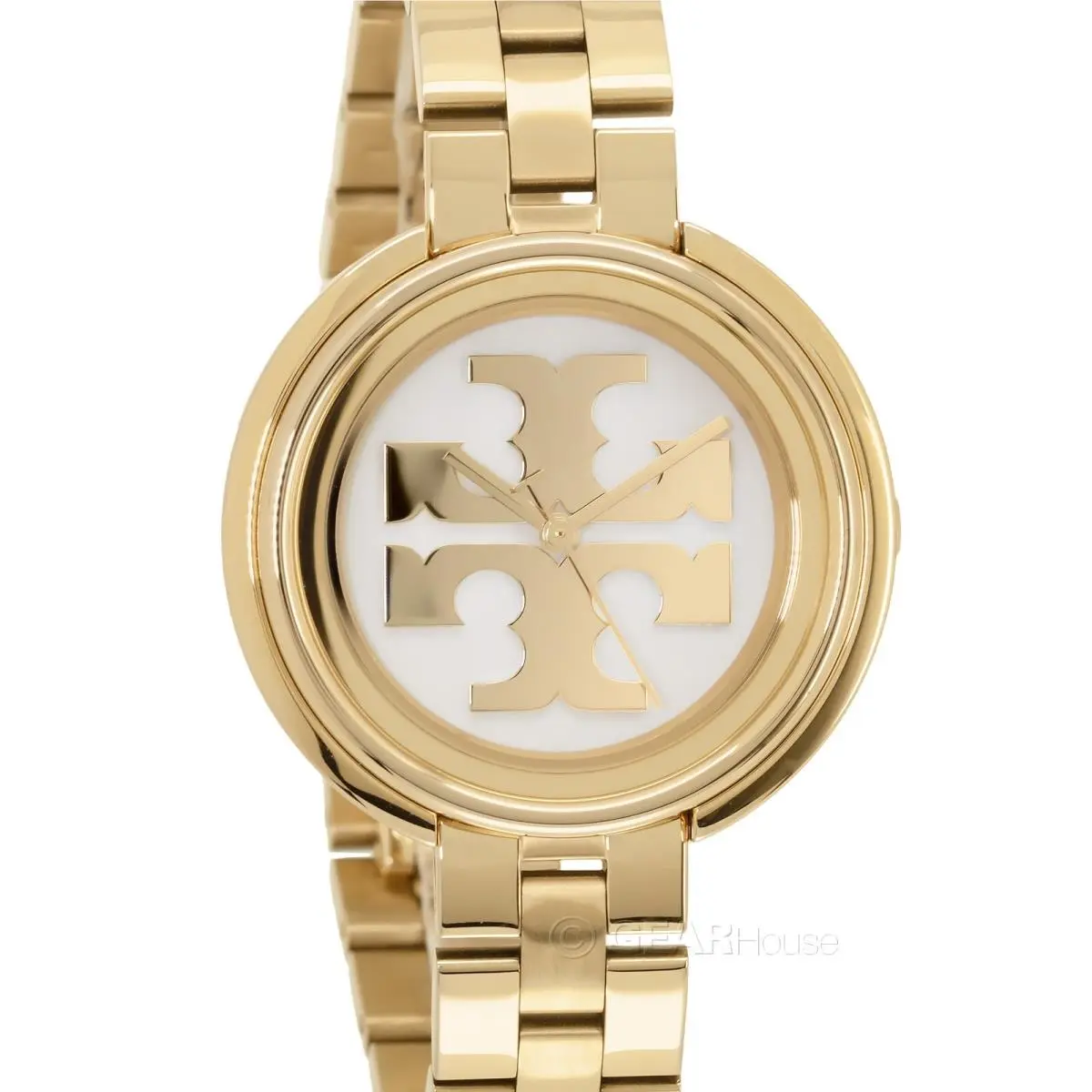 Tory Burch Miller Womens Gold Dress Watch White Logo Dial Stainless Steel Band