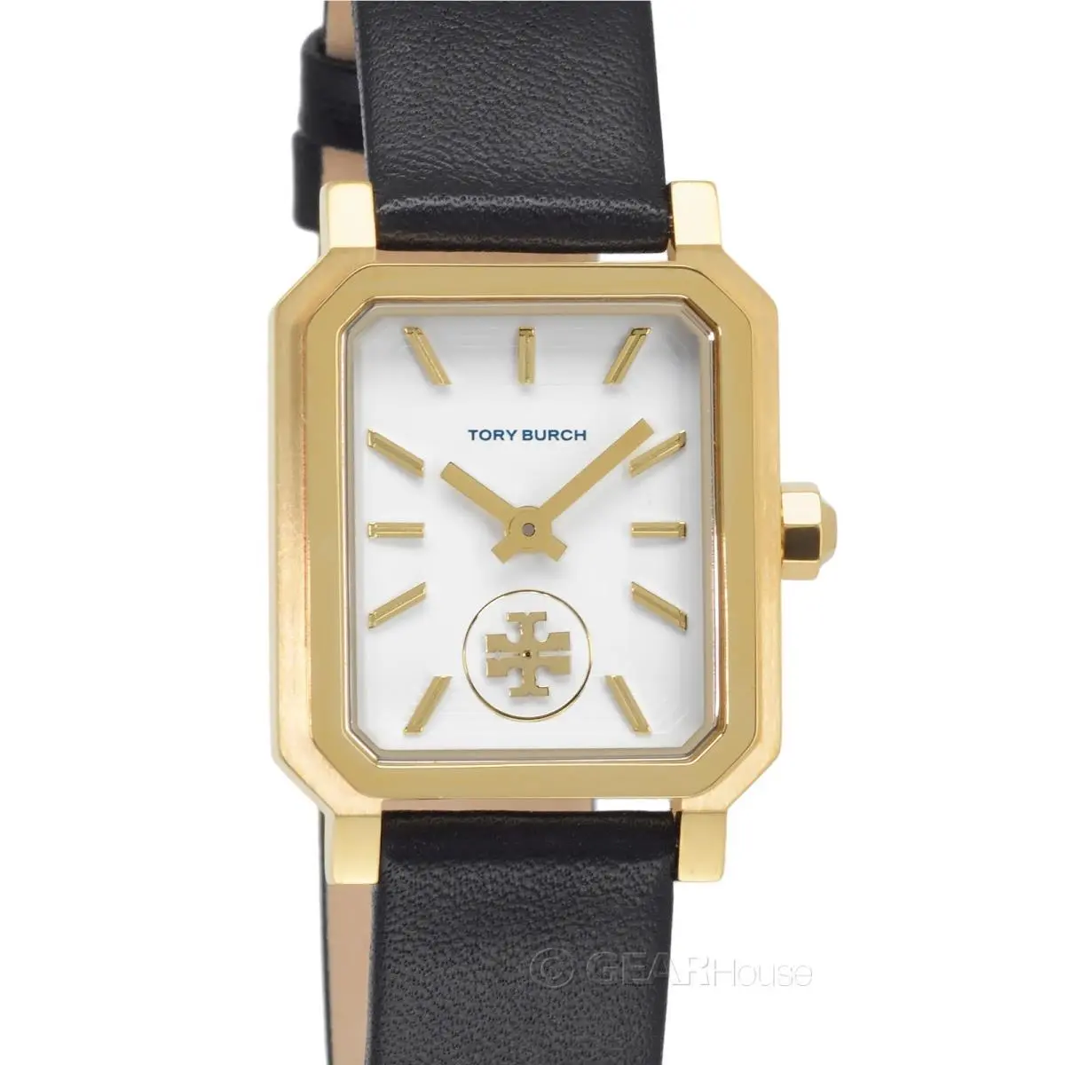 Tory Burch Robinson Womens Gold Watch White Rectangular Dial Black Leather Band