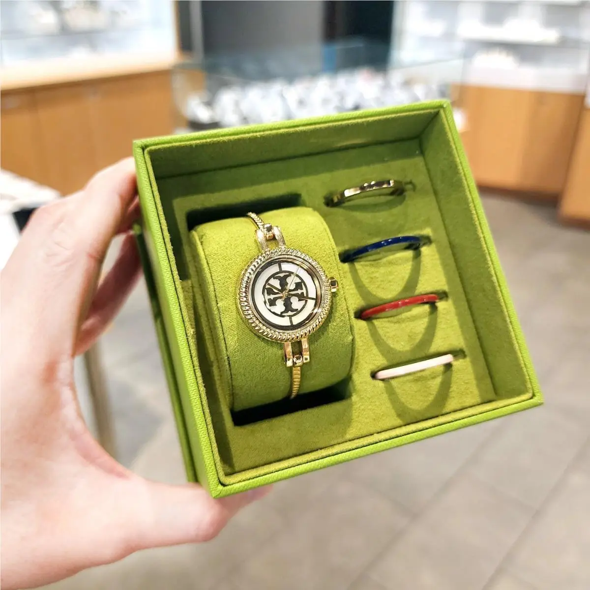 Tory Burch Reva Small Gold Bangle Watch Gift Set Interchangeable Bezels TBW4029