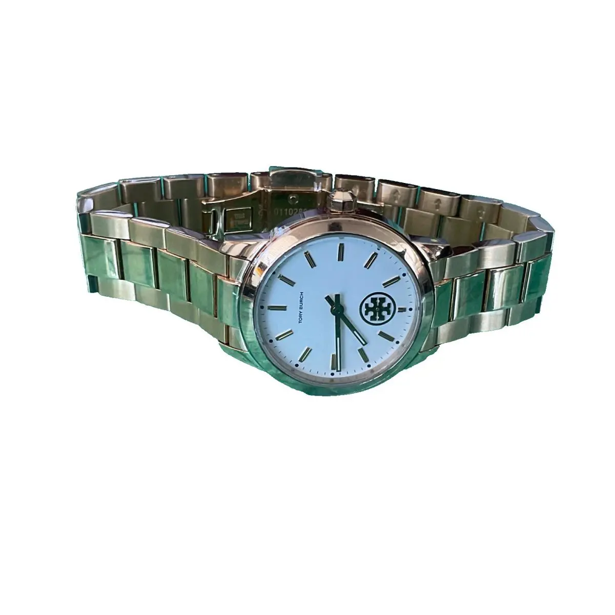 Tory Burch Yellow Gold Collins White Dial Watch TBW1300 Logo