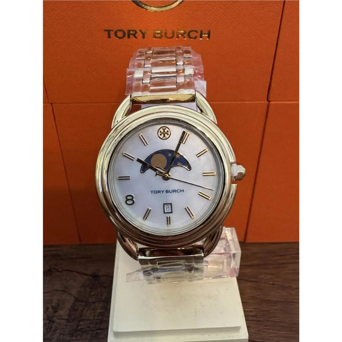 Tory Burch Womens Miller Moon Phase Watch White Mop Dial Gold Stainless Steel