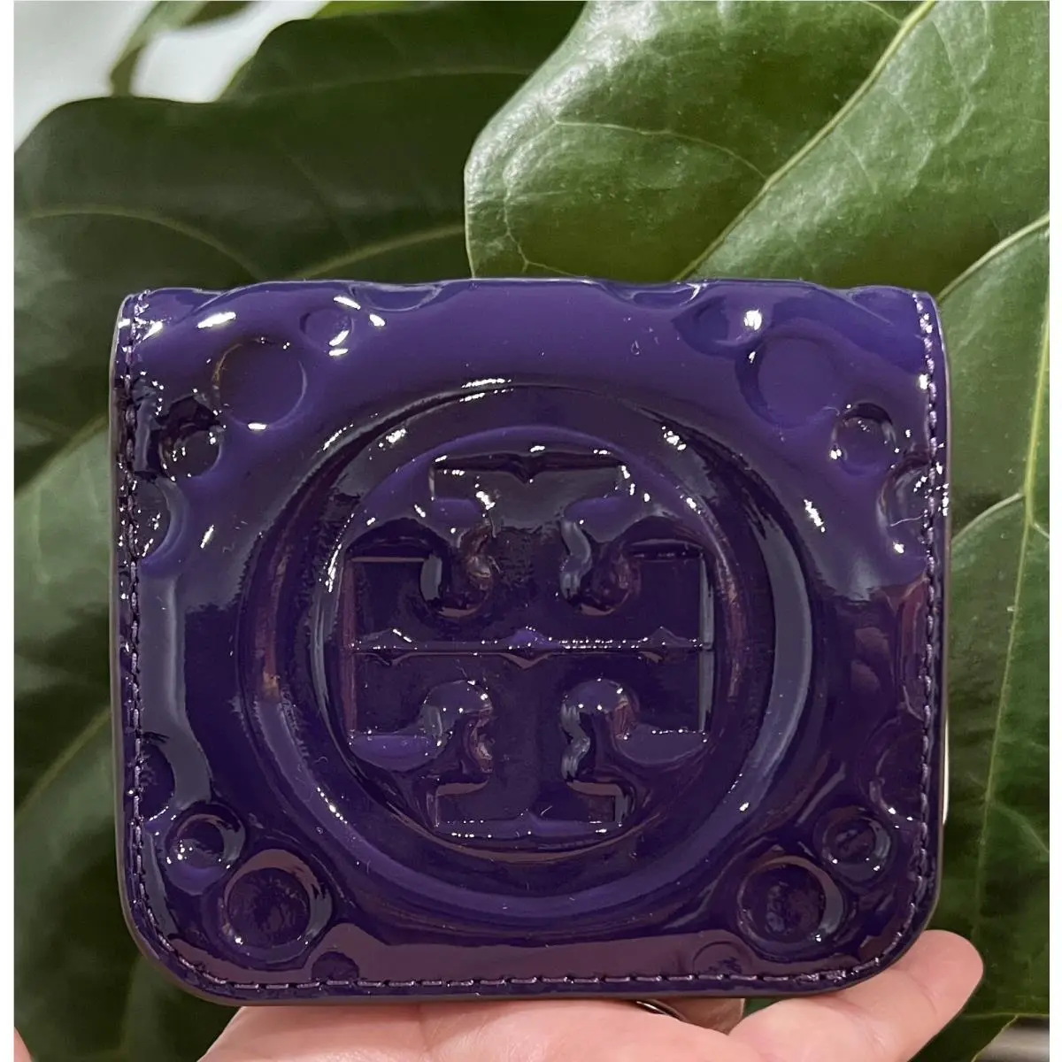 w Box Tory Burch T Monogram Puffy Patent Embossed Mini Wallet Purple- Rare