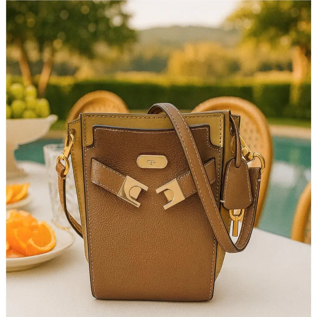 Tory Burch Lee Radziwill Double Tiger`s Eye Tan Leather Petite Bucket Bag