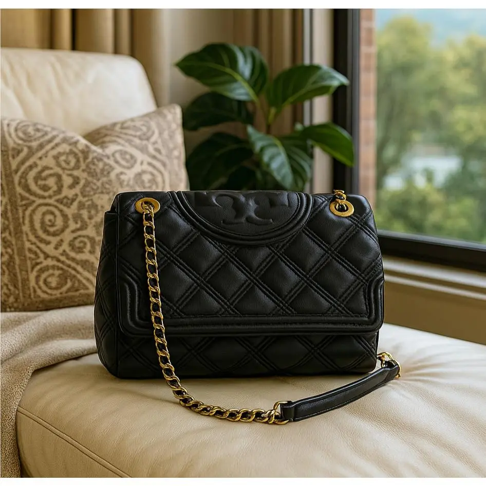Tory Burch Soft Fleming Black Quilted Leather Convertible Shoulder Bag/crossbody