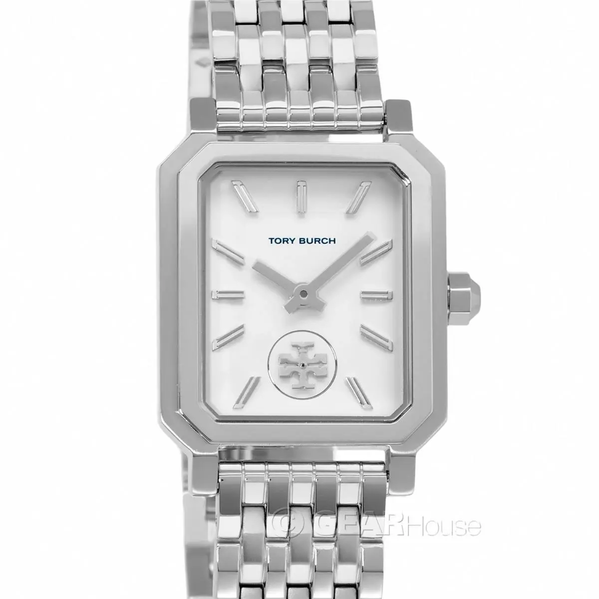 Tory Burch Robinson Womens Watch White Rectangular Dial Silver Stainless Steel