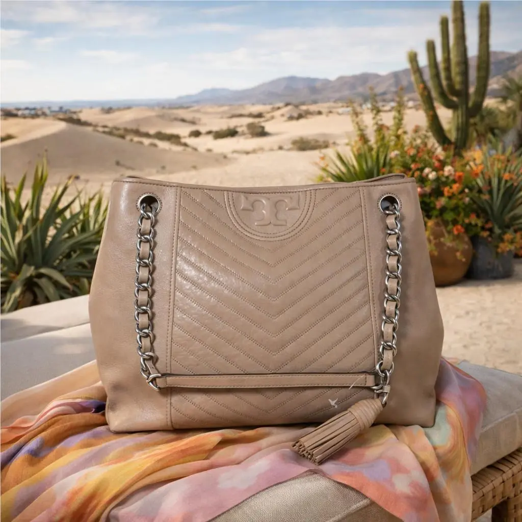 Tory Burch Fleming Taupe Distressed Leather Chain Straps Shopper Tote Bag