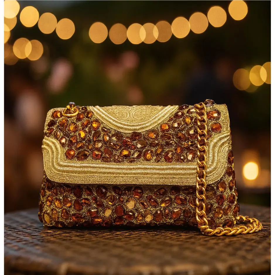 Tory Burch Soft Fleming Gold Jeweled Crochet Small Convertible Shoulder Bag