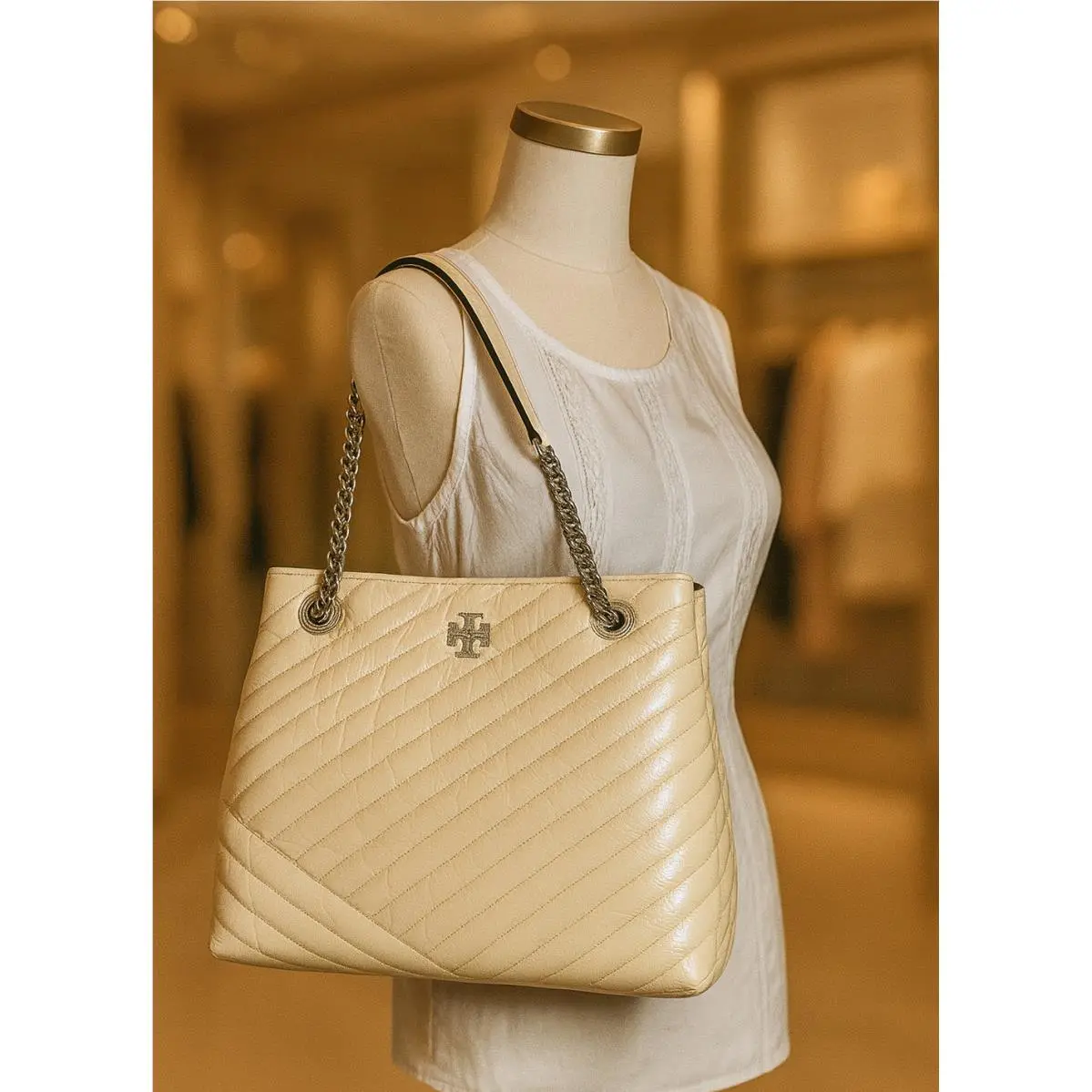 Tory Burch Kira Chevron Ivory Distressed Leather Chain Strap Tote Bag