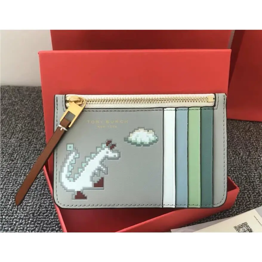 Tory Burch Year Of The Dragon Green Gray Top Zip Card Leather Case