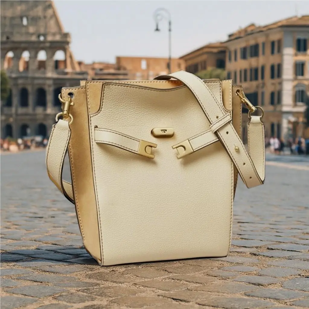 Tory Burch Lee Radziwill Double Moon Cream Leather Bucket Convertible Bag