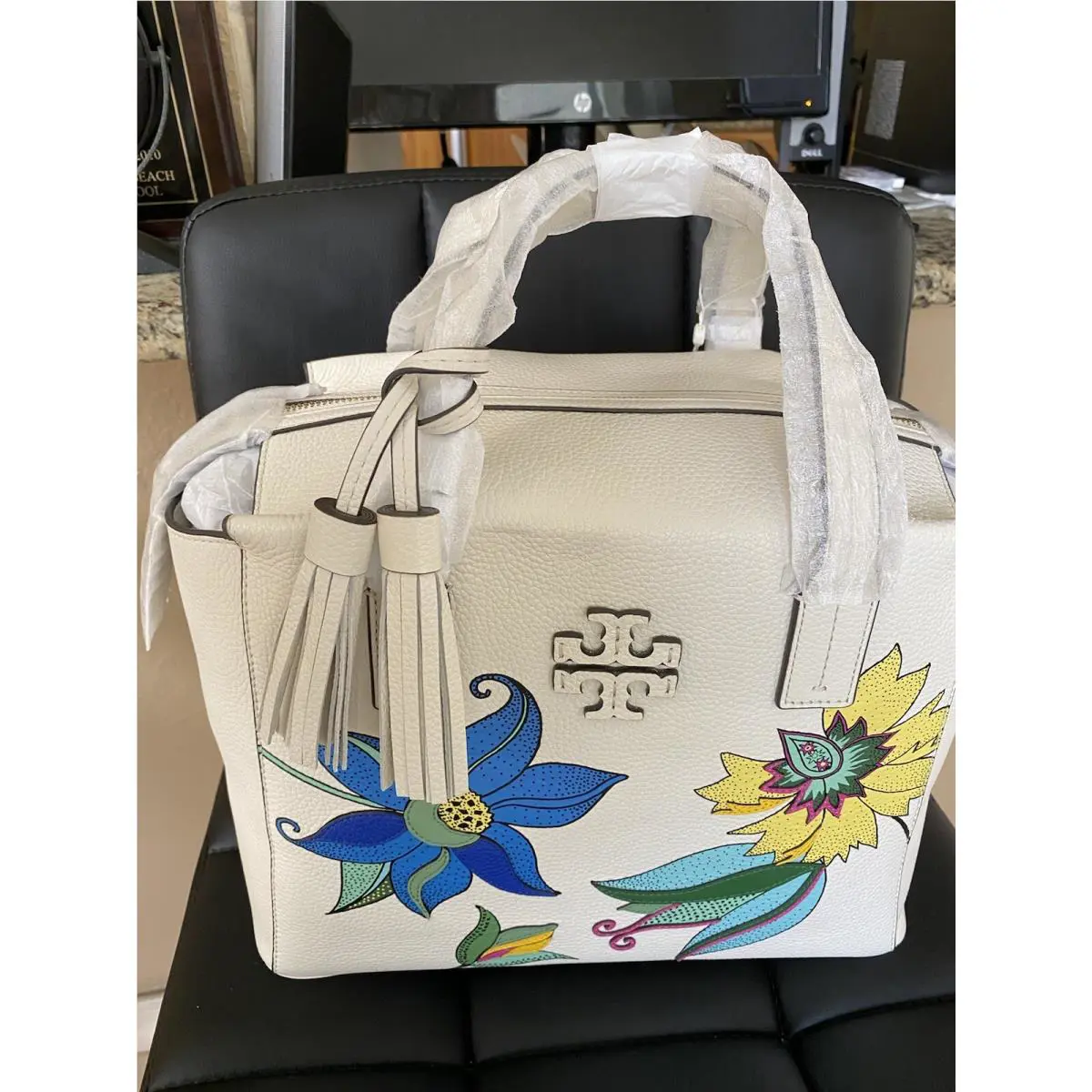 Tory Burch Leather Thea Floral Applique Slouchy Satchel Ivory White Handbag