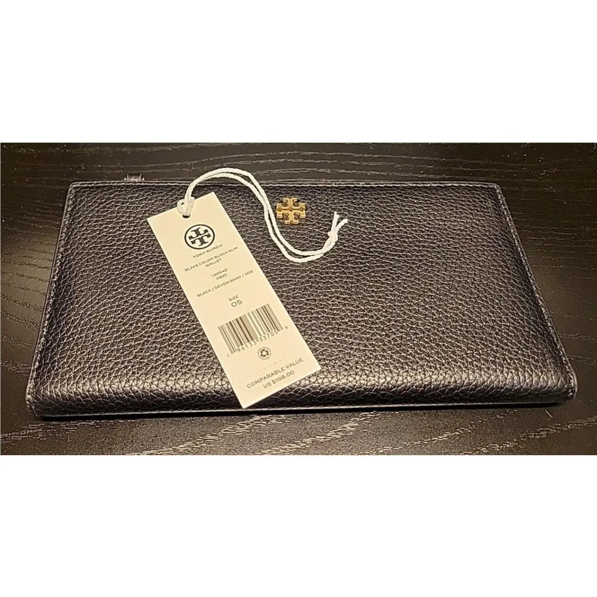 Tory Burch Blake Black Color Block Pebbled Leather Slim Envelope Wallet 139540