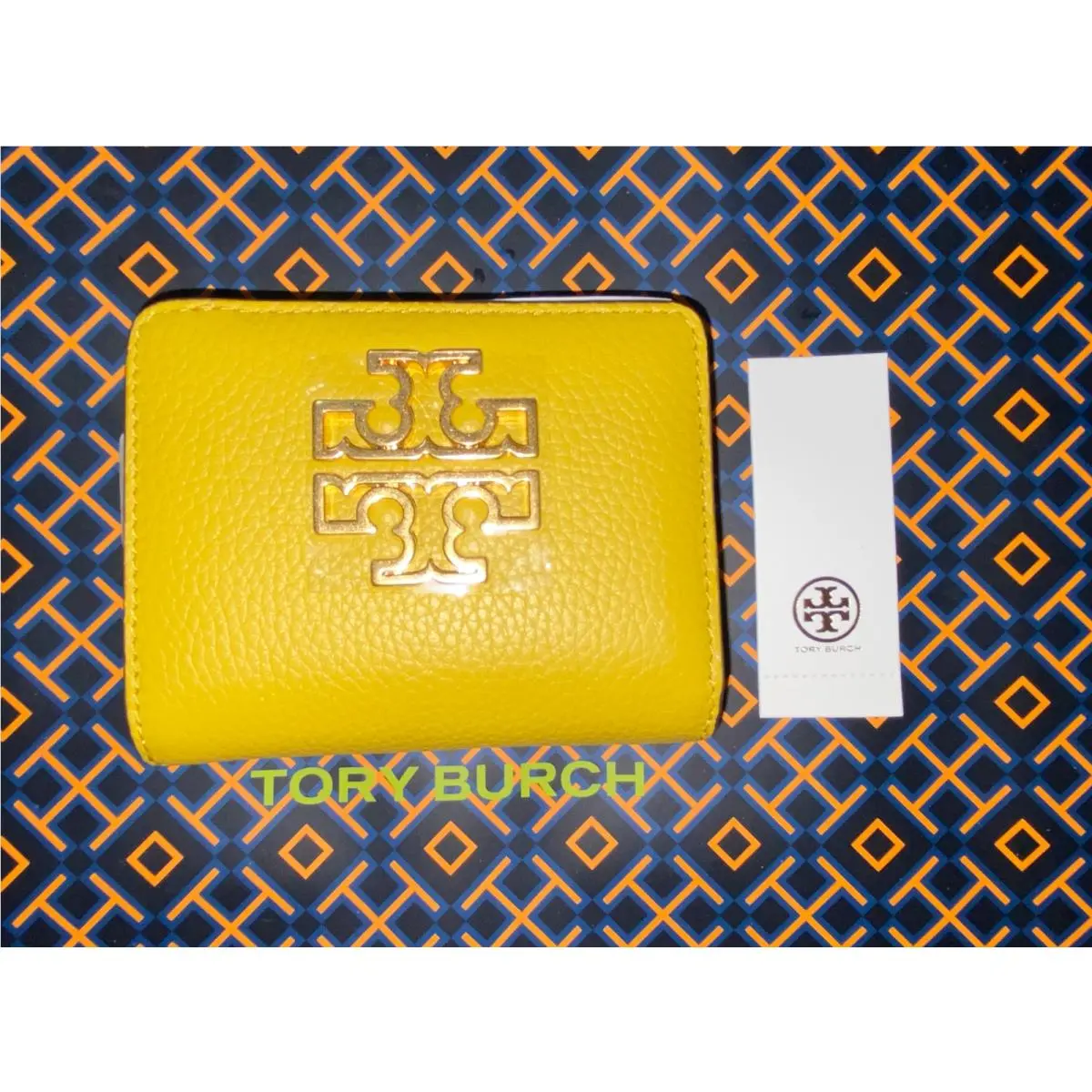 Tory Burch Britten Bifold Logo Mini Wallet Zip Coin Purse Daylily Yellow