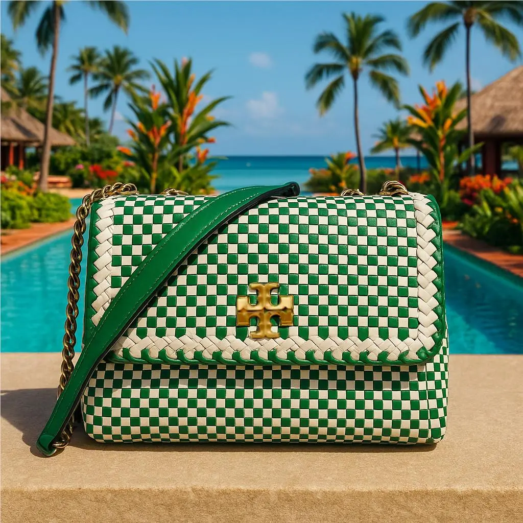 Tory Burch Kira Green Woven Leather Small Convertible Shoulder/crossbody Bag