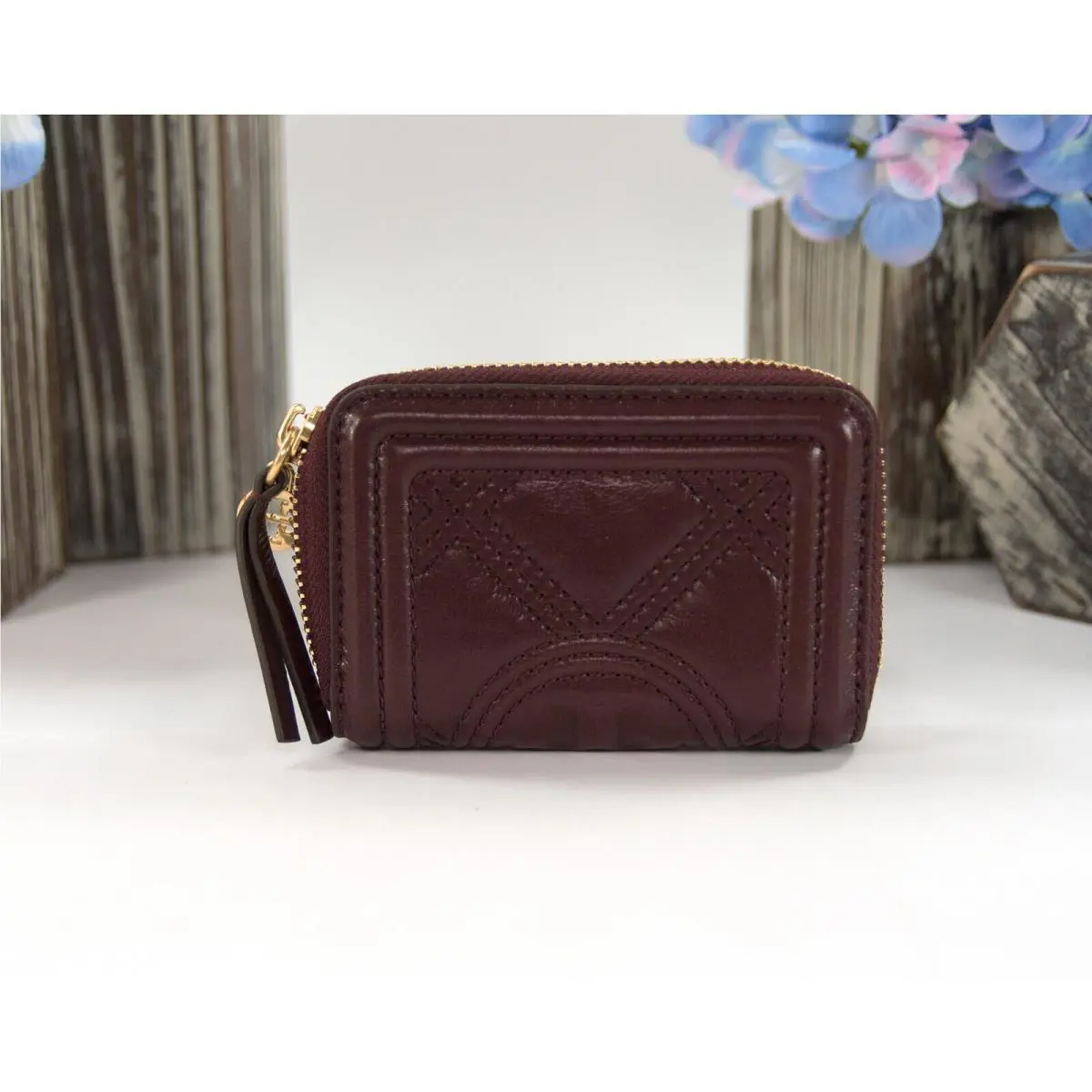 Tory Burch Nebbiolo Soft Waxed Leather Mini Compact Zip Around Wallet