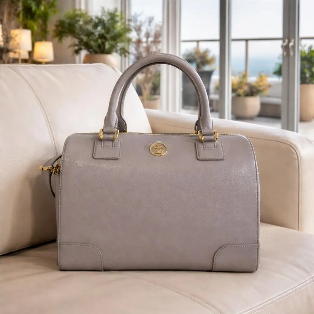 Tory Burch Robinson Middy Satchel/crossbody Bag Glazed Gray Saffiano Leather
