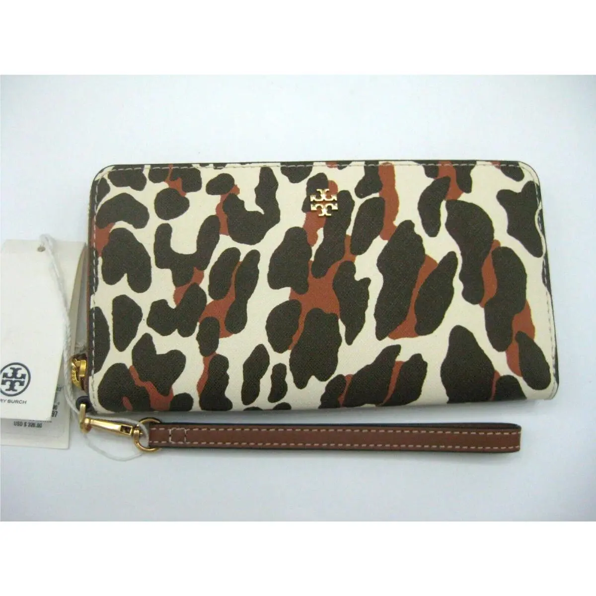Tory Burch Emerson Print Zip Continental Wallet Wristlet Beige Reva Leopard