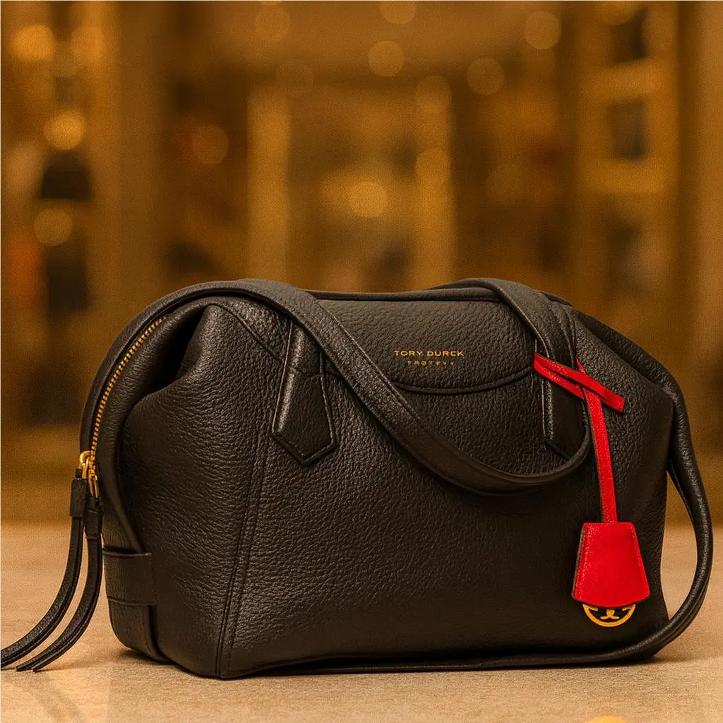 Tory Burch Perry Black Leather Large Satchel/shoulder Bag with Zipper Top