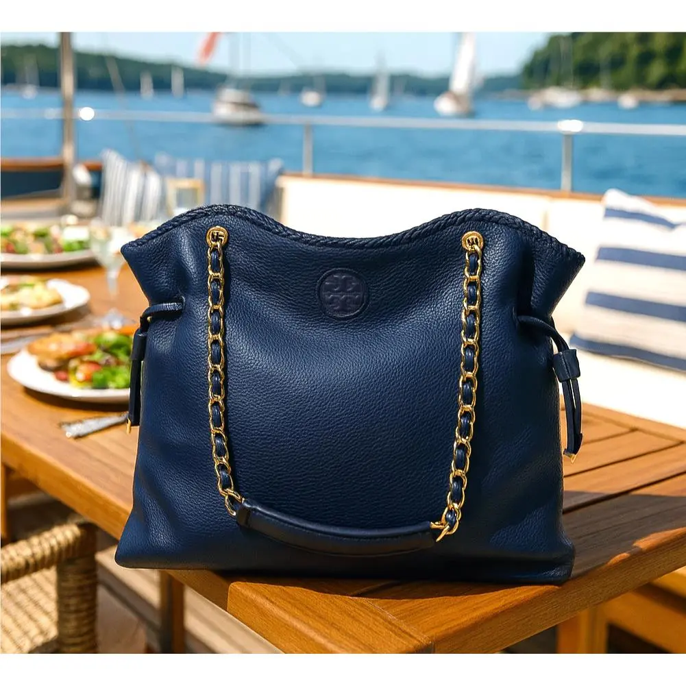 Tory Burch Marion Hudson Bay/navy Pebbled Leather NS Slouchy Chain Tote Bag