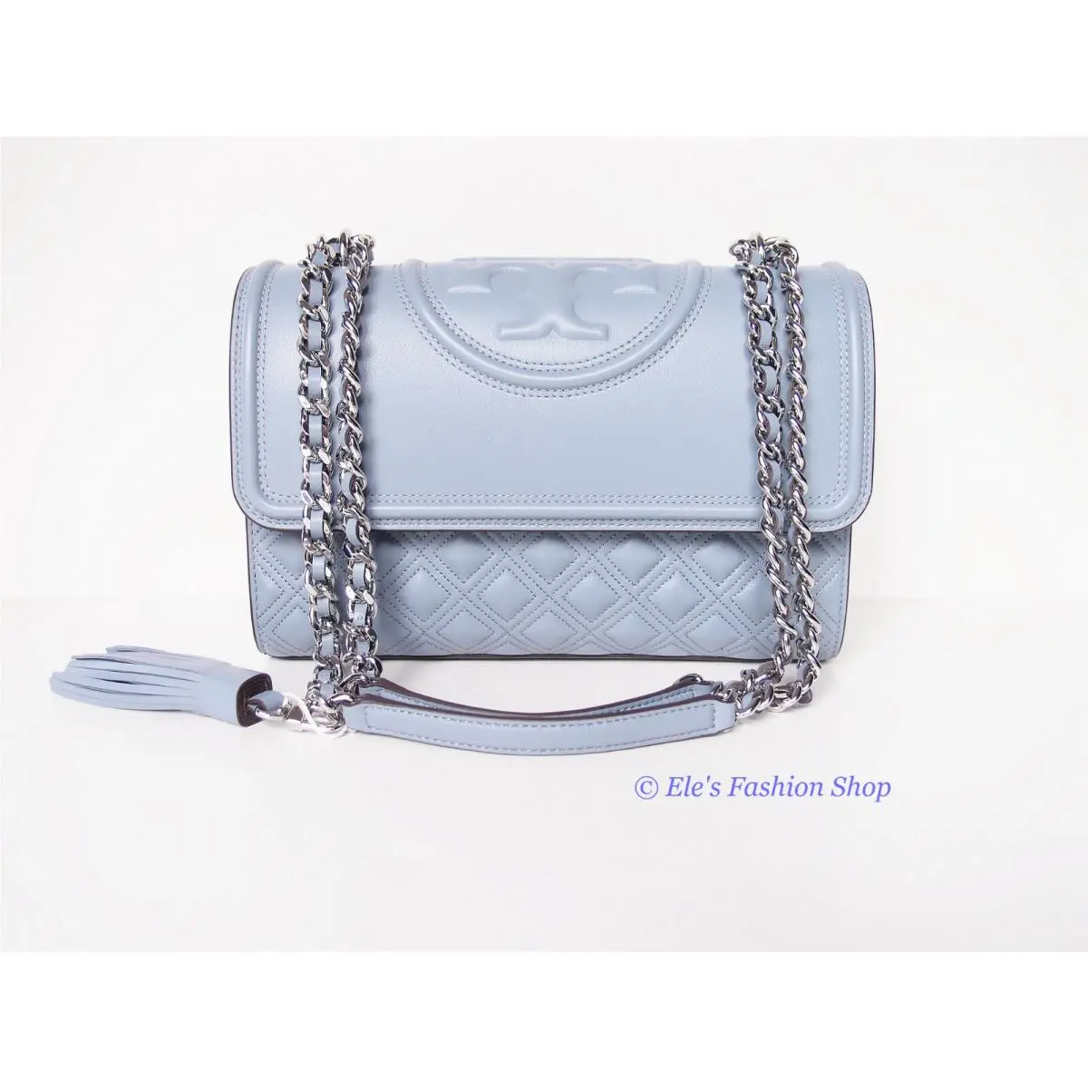 Tory Burch Fleming Large Leather Shoulder Crossbody Bag Cloud Blue